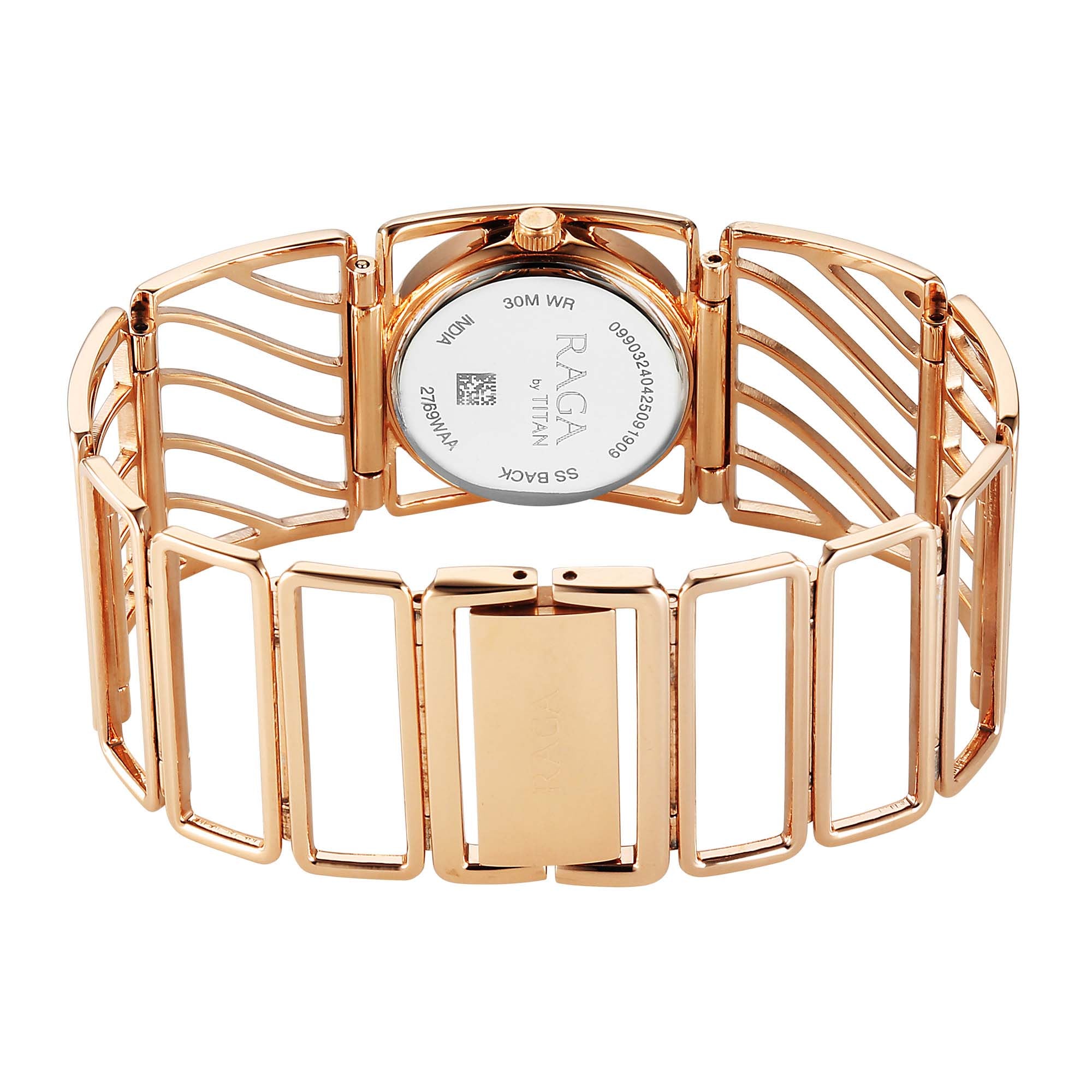 Titan Raga White Mother of Pearl Rectangle Dial Rose Gold Metal Analog Watch for Women 2769WM01