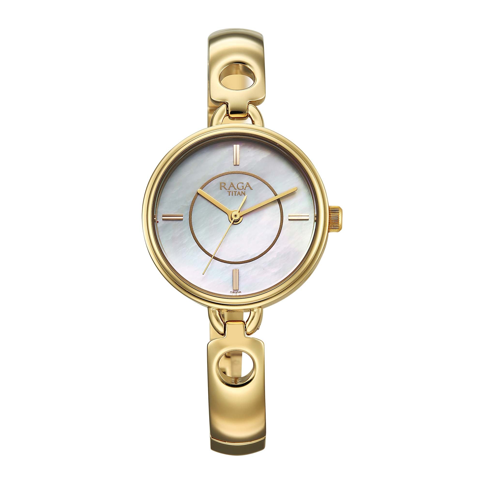 Titan Raga White Mother of Pearl Dial Gold Metal Strap Analog Watch for Women 2774YM01
