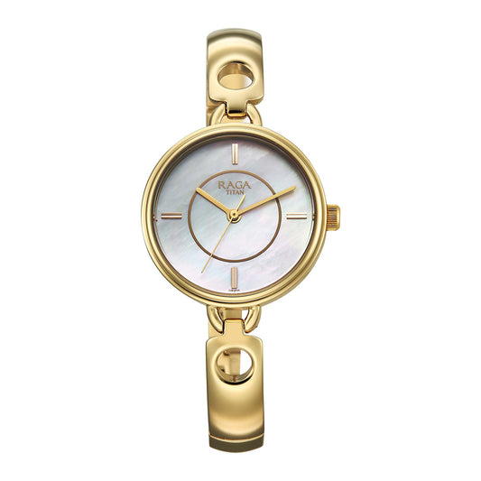 Titan Raga White Mother of Pearl Dial Gold Metal Strap Analog Watch for Women 2774YM01