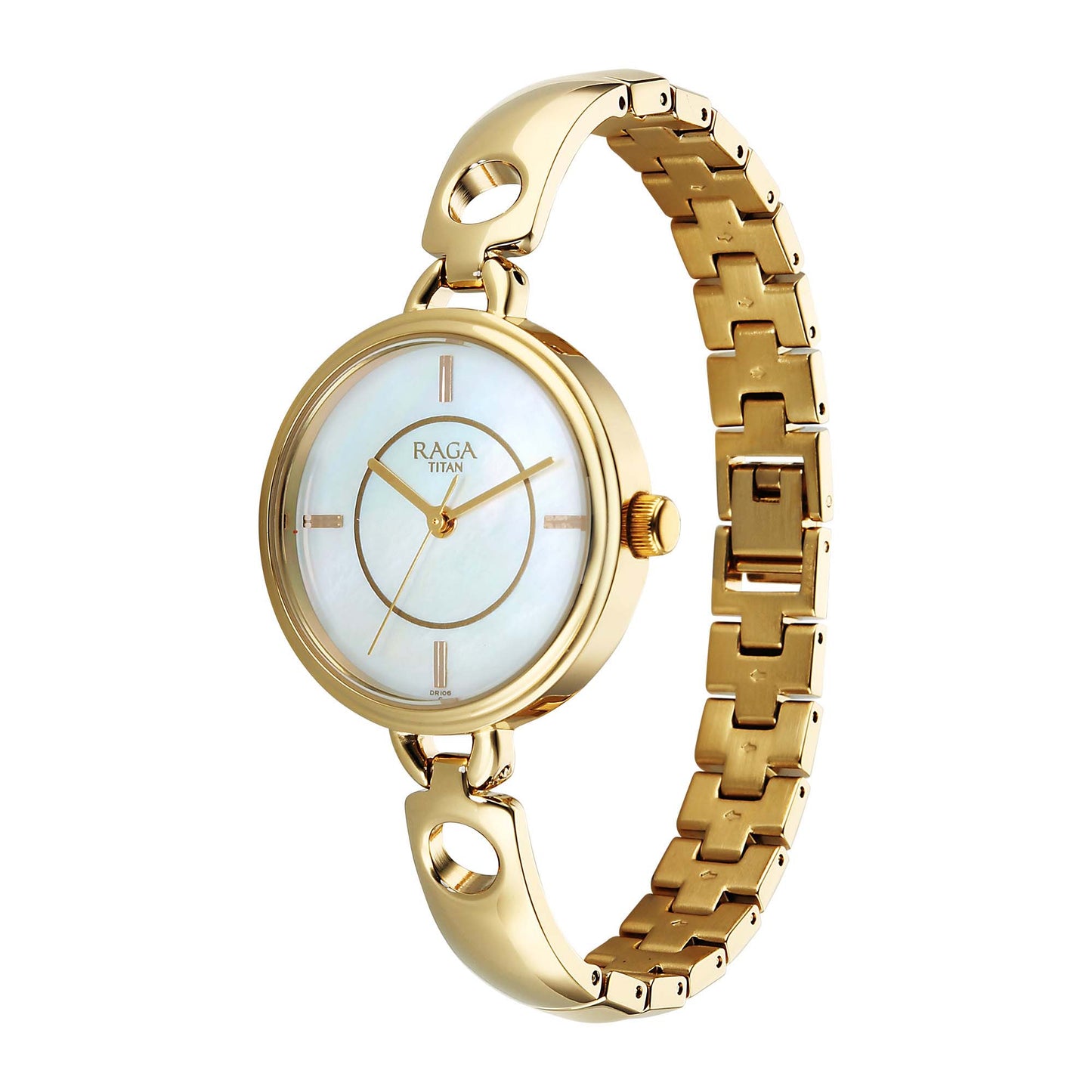 Titan Raga White Mother of Pearl Dial Gold Metal Strap Analog Watch for Women 2774YM01