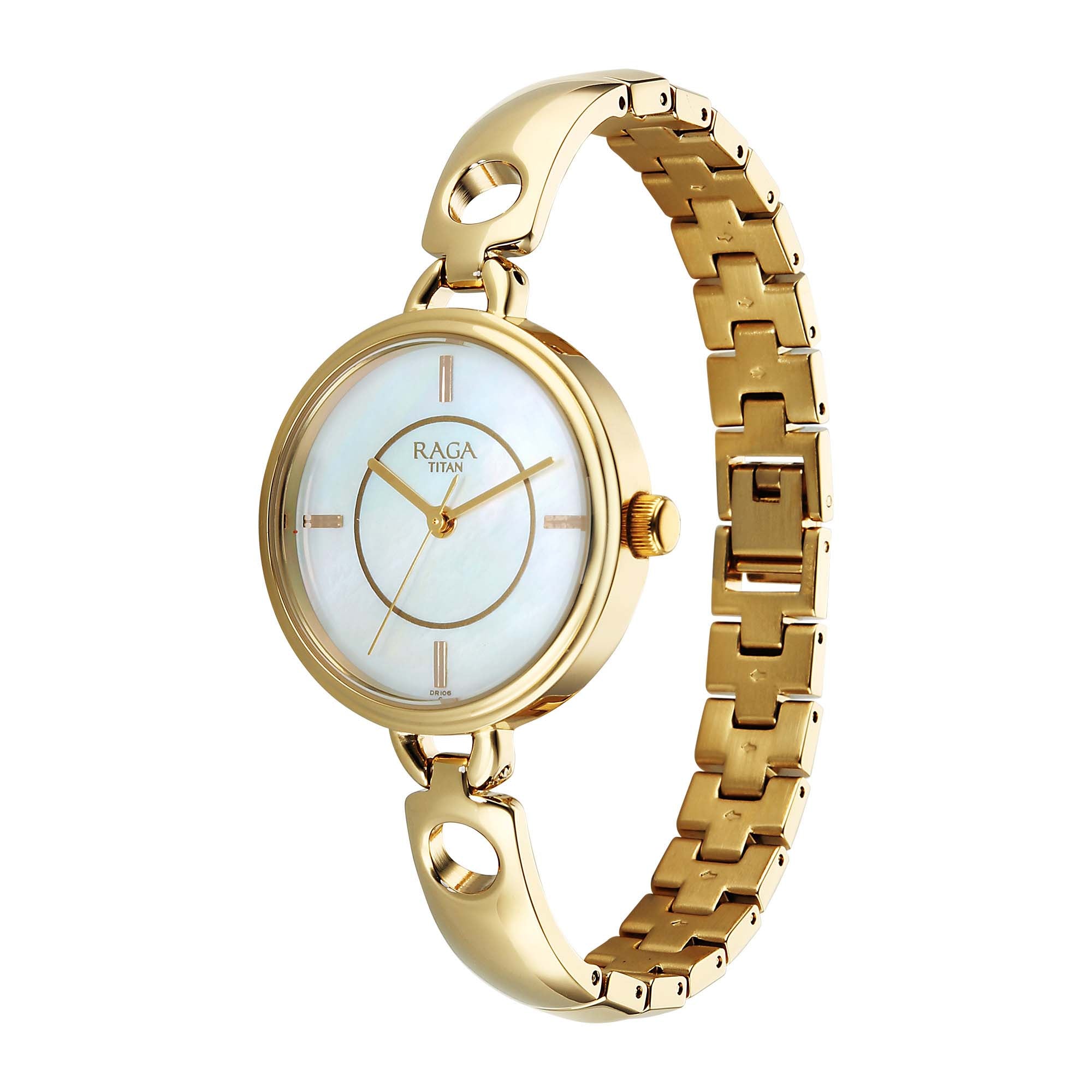 Titan Raga White Mother of Pearl Dial Gold Metal Strap Analog Watch for Women 2774YM01