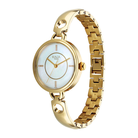 Titan Raga White Mother of Pearl Dial Gold Metal Strap Analog Watch for Women 2774YM01
