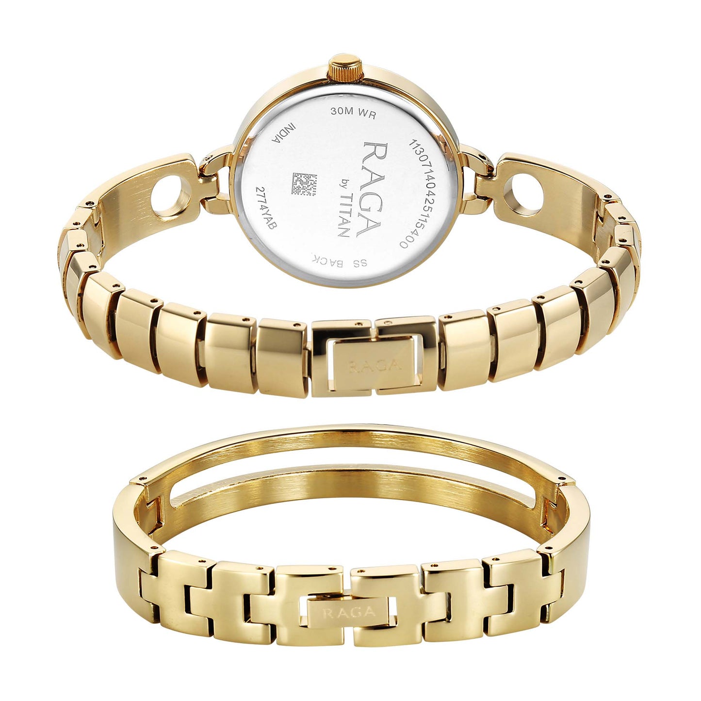 Titan Raga White Mother of Pearl Dial Gold Metal Strap Analog Watch for Women 2774YM01