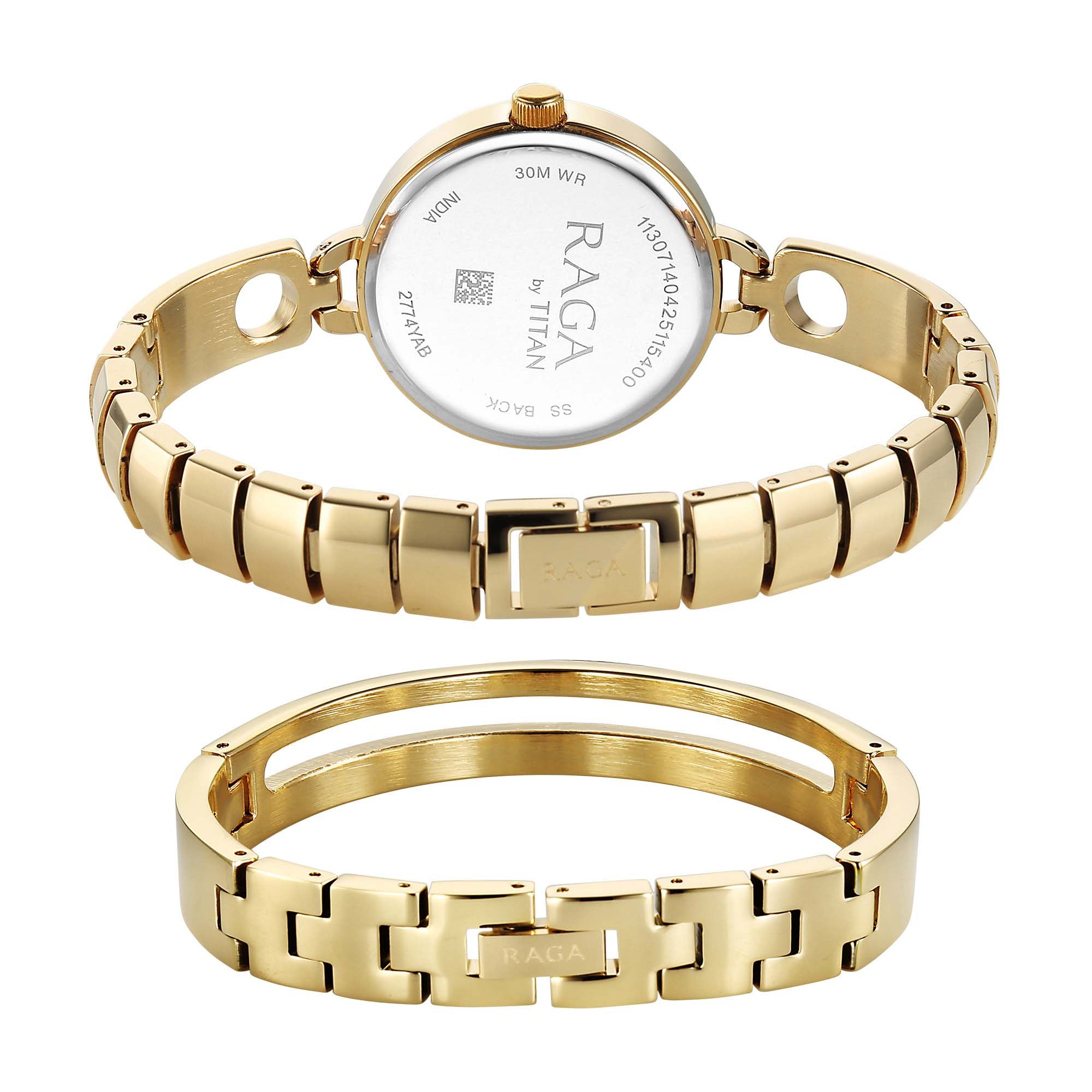 Titan Raga White Mother of Pearl Dial Gold Metal Strap Analog Watch for Women 2774YM01