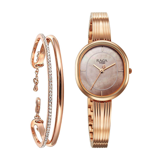 Titan Raga Rose Gold Oval Dial Metal Strap Analog Watch for Women 2776WM01