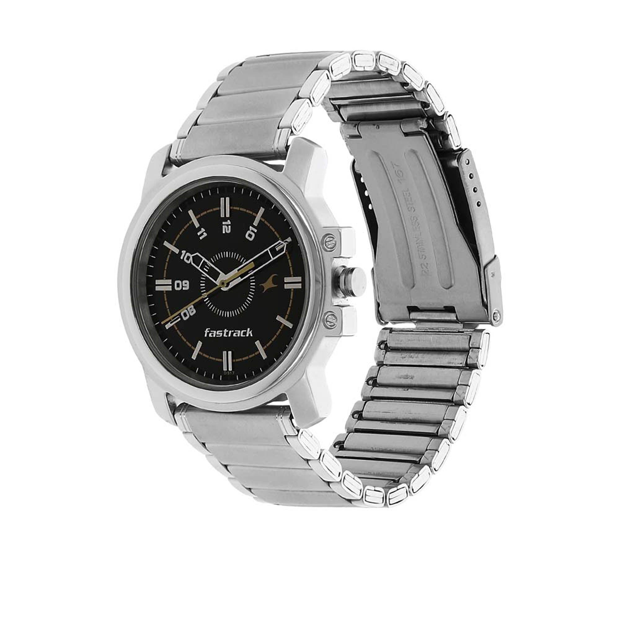 Fastrack Quartz Analog Black Dial Stainless Steel Strap Watch for Guys