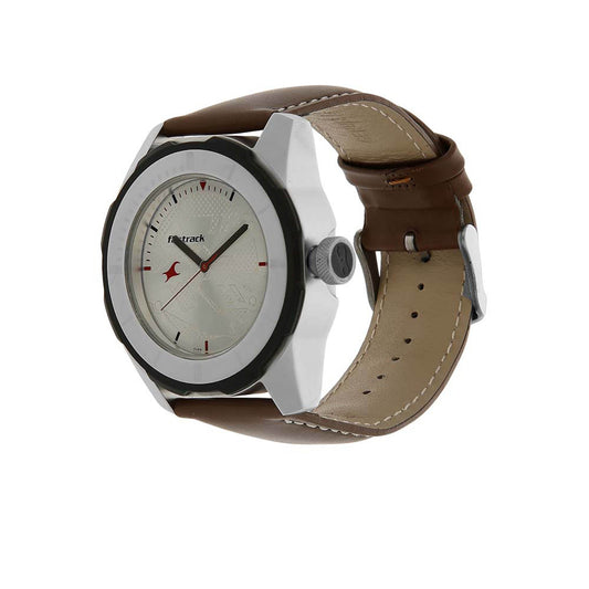 Fastrack Quartz Analog Silver Dial Leather Strap Watch for Guys