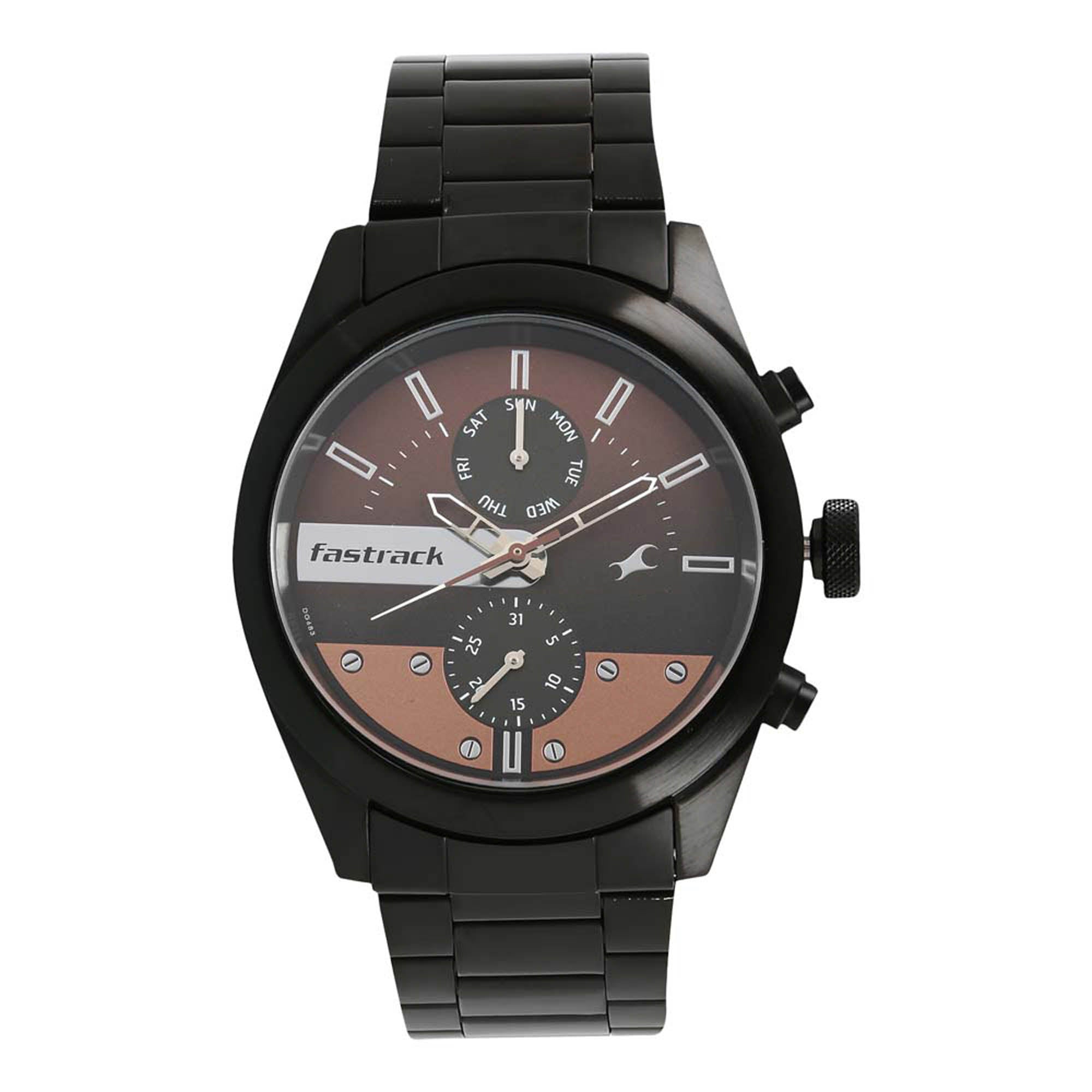 Fastrack All Nighters Quartz Multifunction Brown Dial Metal Strap Watch for Guys