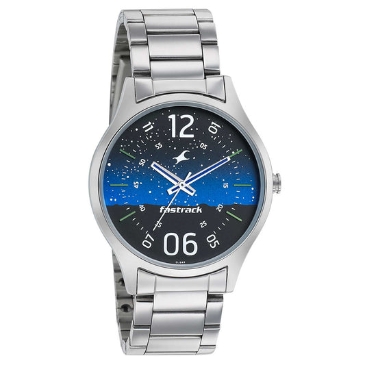 Fastrack Space Rover Quartz Analog Blue Dial Stainless Steel Strap Watch for Guys