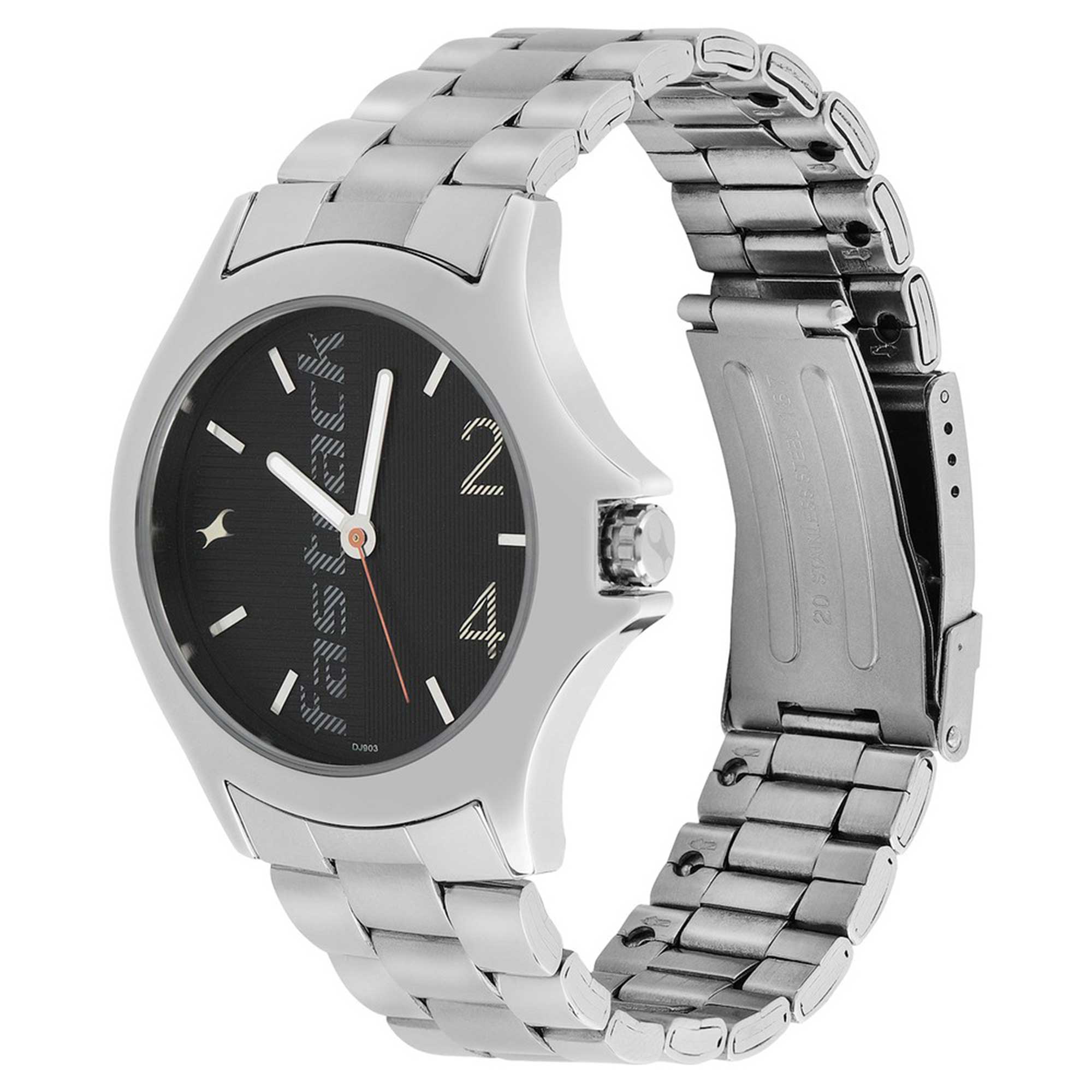 Fastrack Quartz Analog Black Dial Stainless Steel Strap Watch for Guys