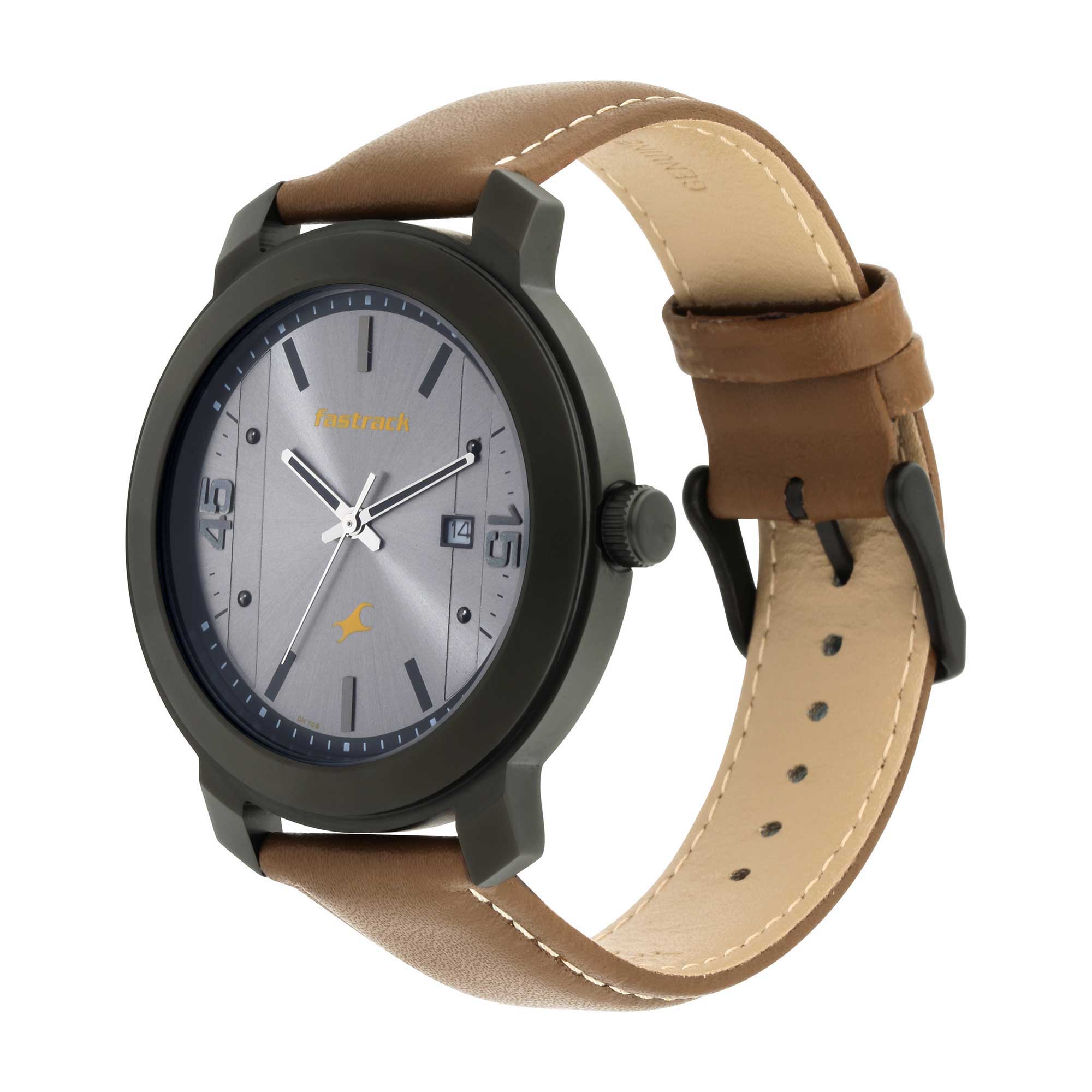 Fastrack Bare Basics Quartz Analog with Date Grey Dial Leather Strap Watch for Guys