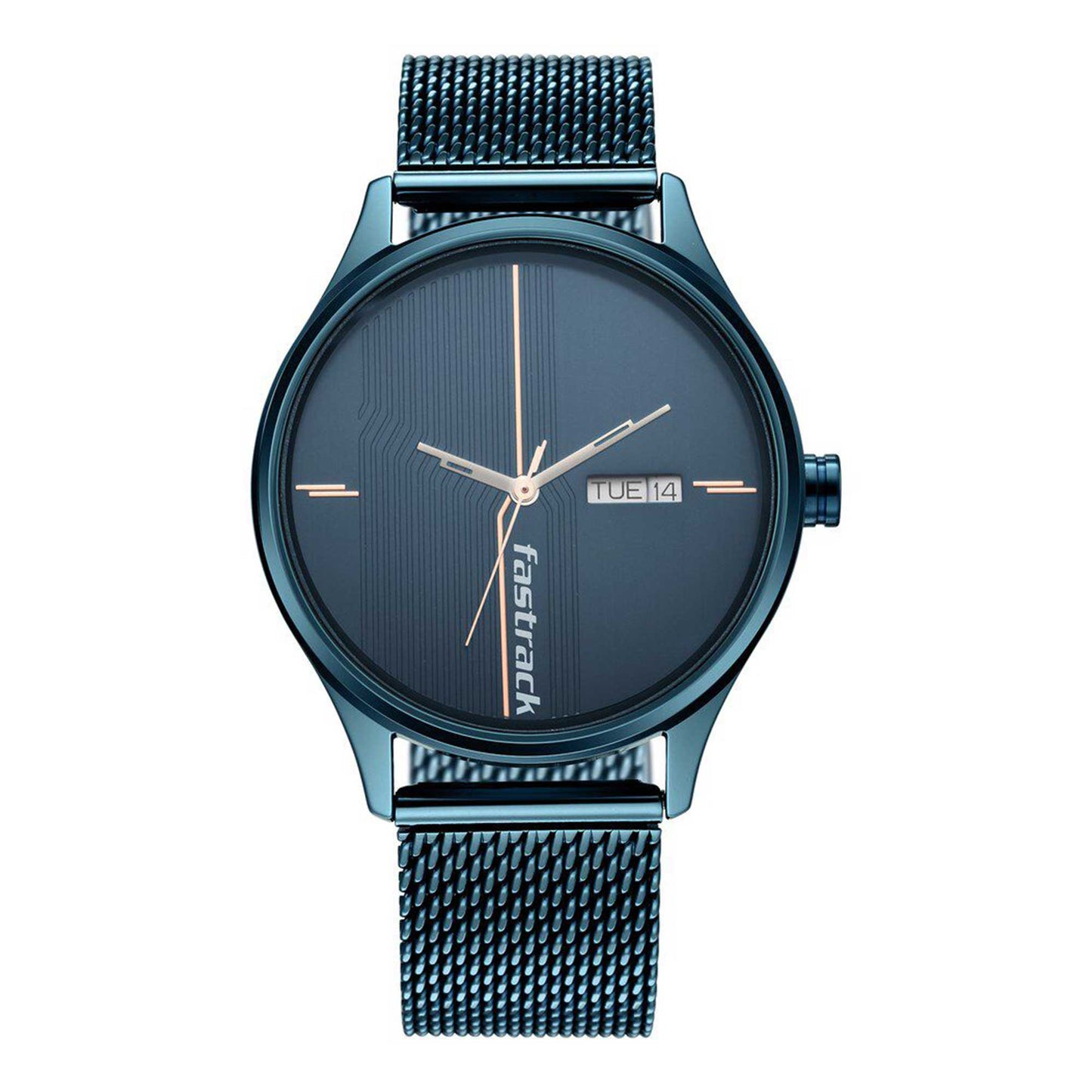 Fastrack Style Up Quartz Alog with Day and Date Blue Dial Stainless Steel Strap Watch for Guys (3247QM01)