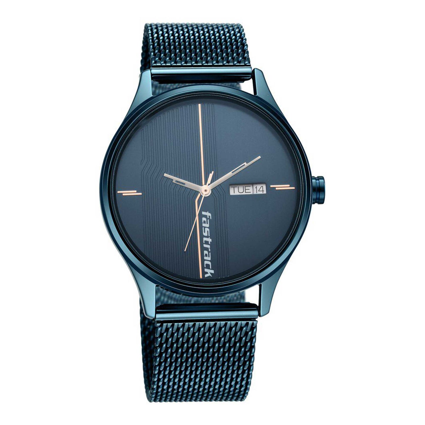 Fastrack Style Up Quartz Alog with Day and Date Blue Dial Stainless Steel Strap Watch for Guys (3247QM01)
