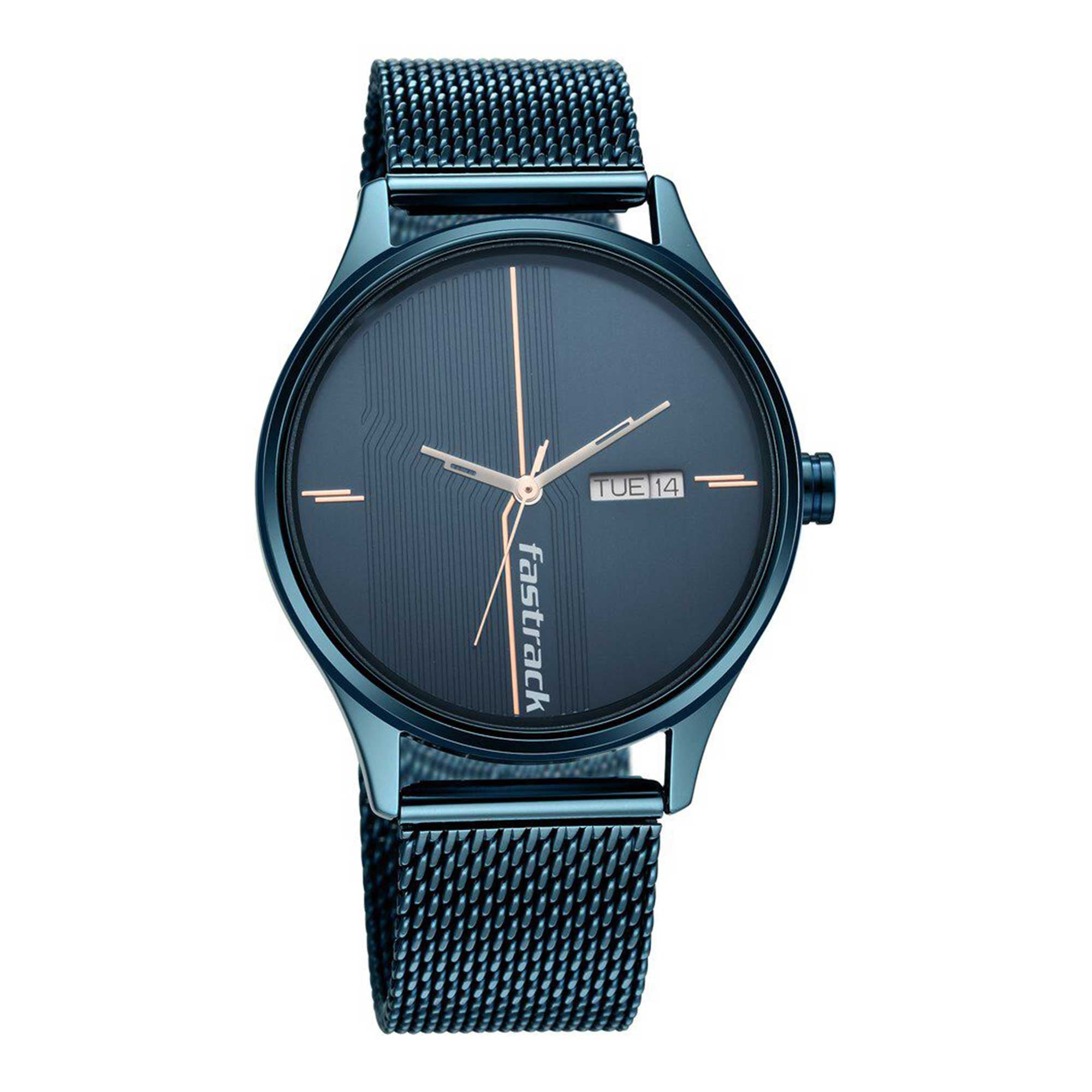 Fastrack Style Up Quartz Alog with Day and Date Blue Dial Stainless Steel Strap Watch for Guys (3247QM01)