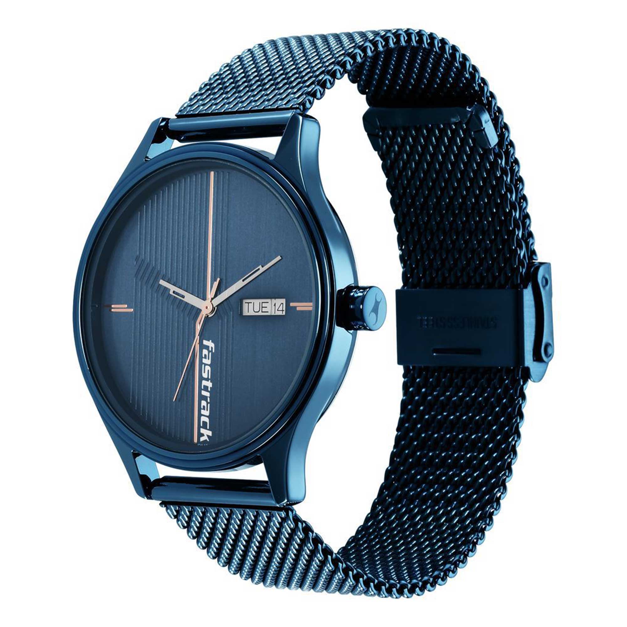 Fastrack Style Up Quartz Alog with Day and Date Blue Dial Stainless Steel Strap Watch for Guys (3247QM01)