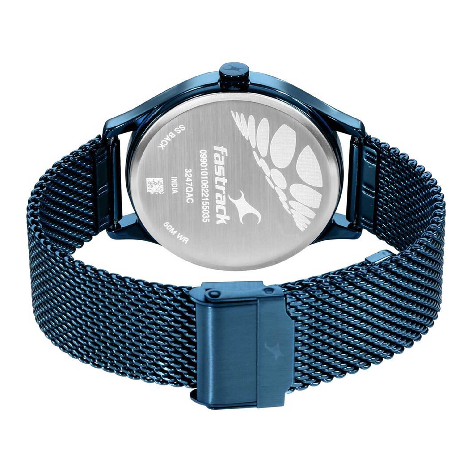 Fastrack Style Up Quartz Alog with Day and Date Blue Dial Stainless Steel Strap Watch for Guys (3247QM01)