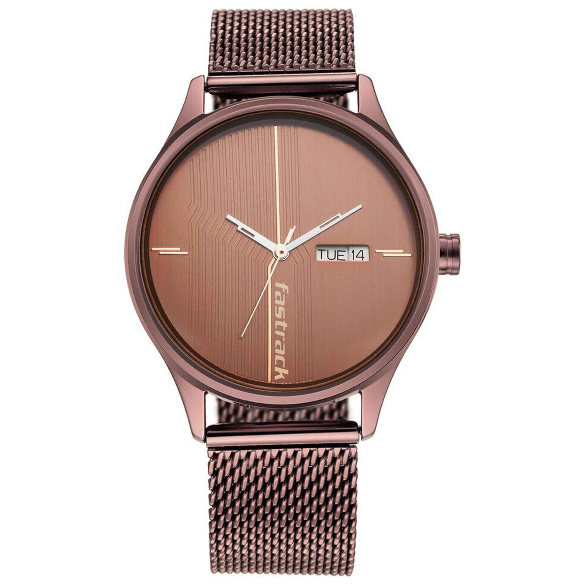 Fastrack Style Up Quartz Alog with Day and Date Brown Dial Stainless Steel Strap Watch for Guys (3247QM02)