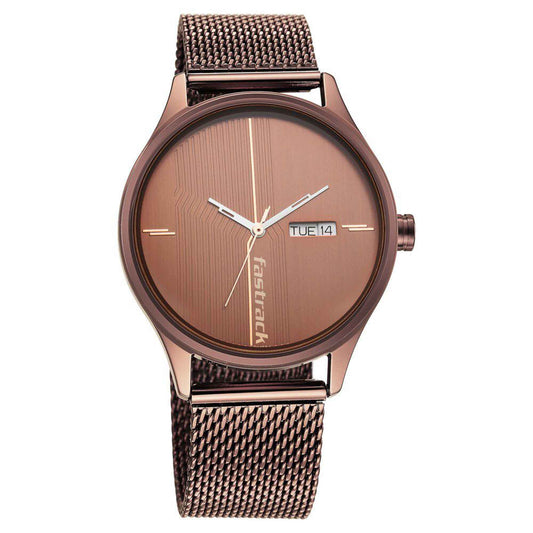 Fastrack Style Up Quartz Alog with Day and Date Brown Dial Stainless Steel Strap Watch for Guys (3247QM02)