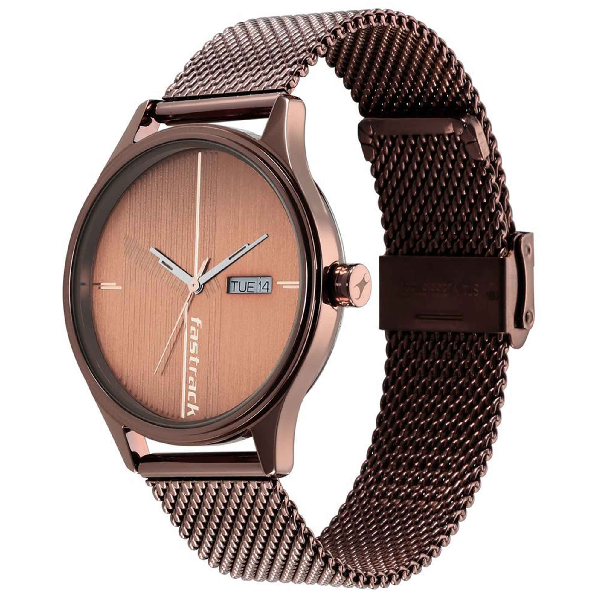 Fastrack Style Up Quartz Alog with Day and Date Brown Dial Stainless Steel Strap Watch for Guys (3247QM02)