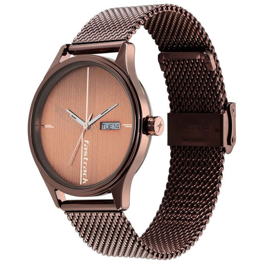 Fastrack Style Up Quartz Alog with Day and Date Brown Dial Stainless Steel Strap Watch for Guys (3247QM02)