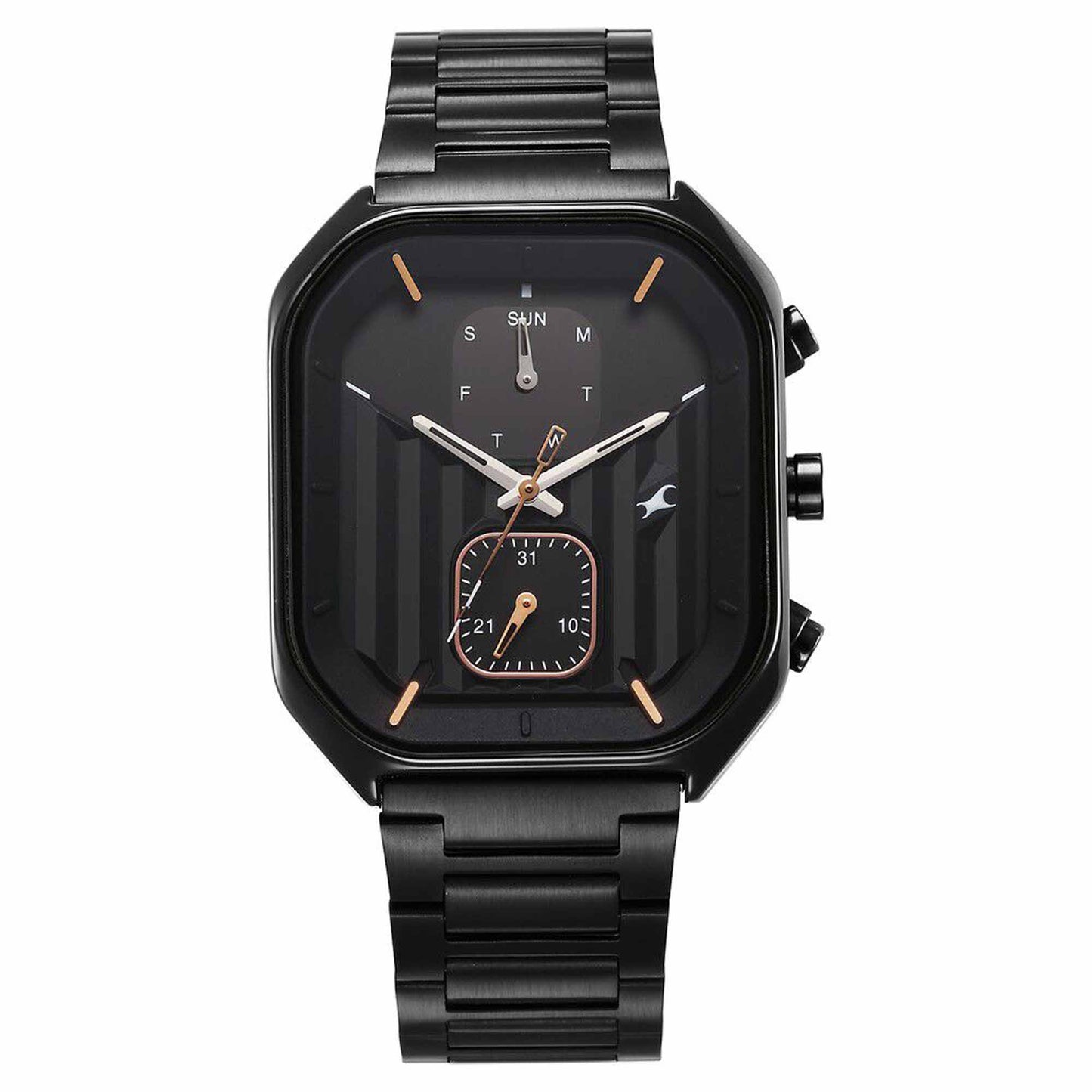 Fastrack Fleek Quartz Multifunction Black Dial Black Stainless Steel Strap Watch for Guys