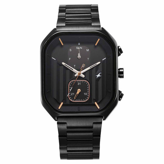 Fastrack Fleek Quartz Multifunction Black Dial Black Stainless Steel Strap Watch for Guys
