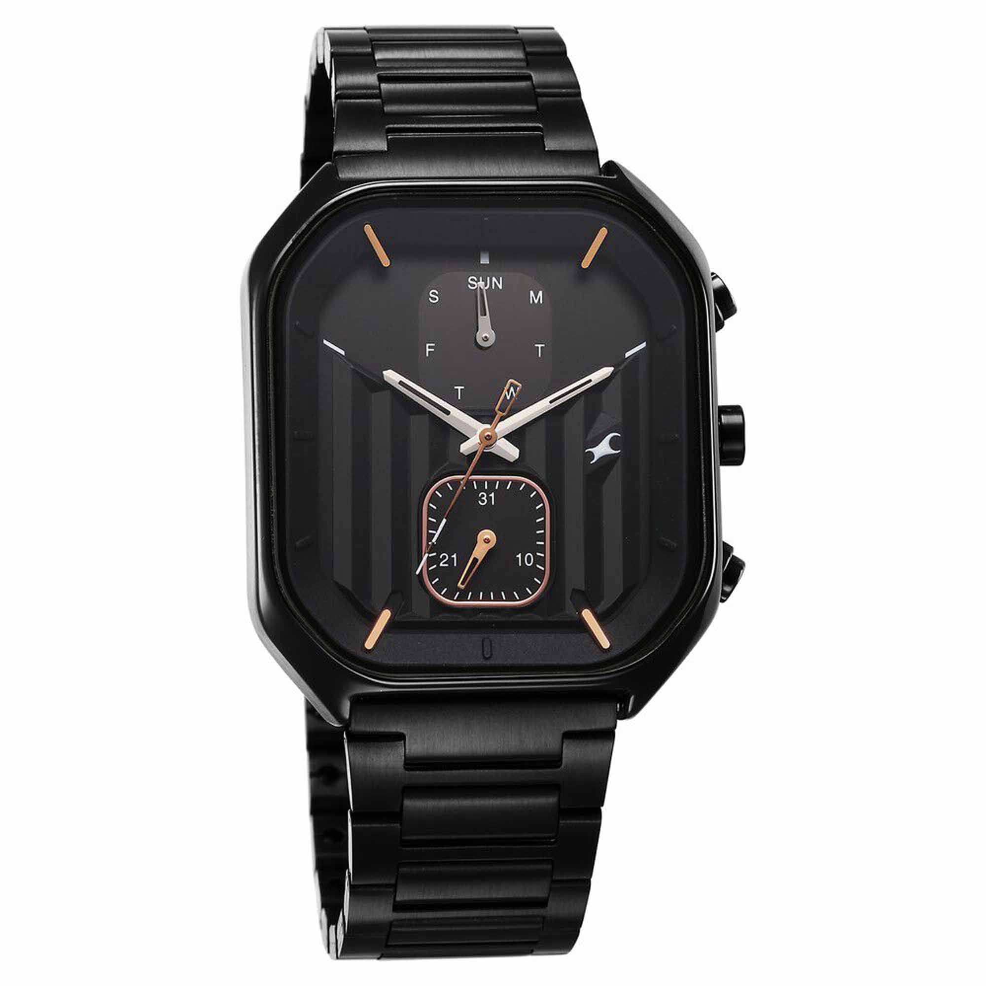 Fastrack Fleek Quartz Multifunction Black Dial Black Stainless Steel Strap Watch for Guys
