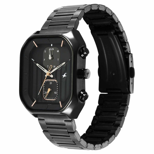 Fastrack Fleek Quartz Multifunction Black Dial Black Stainless Steel Strap Watch for Guys