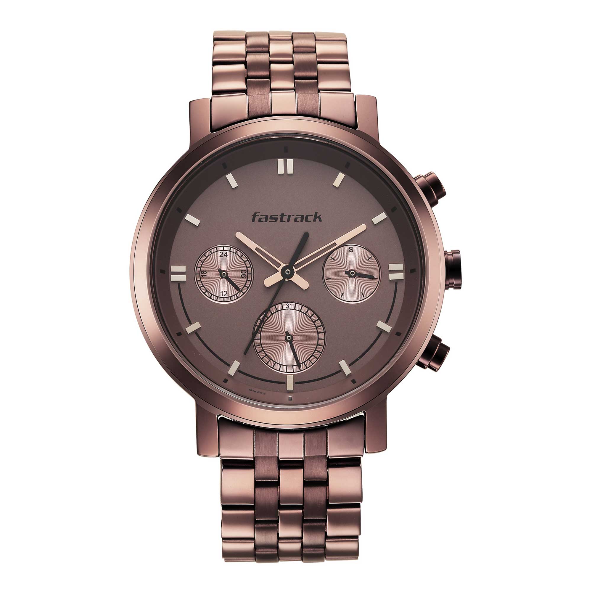 Fastrack Tick Tock Quartz Multifunction Brown Dial Metal Strap Watch for Guys