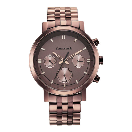 Fastrack Tick Tock Quartz Multifunction Brown Dial Metal Strap Watch for Guys
