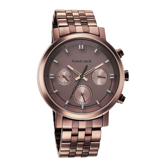 Fastrack Tick Tock Quartz Multifunction Brown Dial Metal Strap Watch for Guys