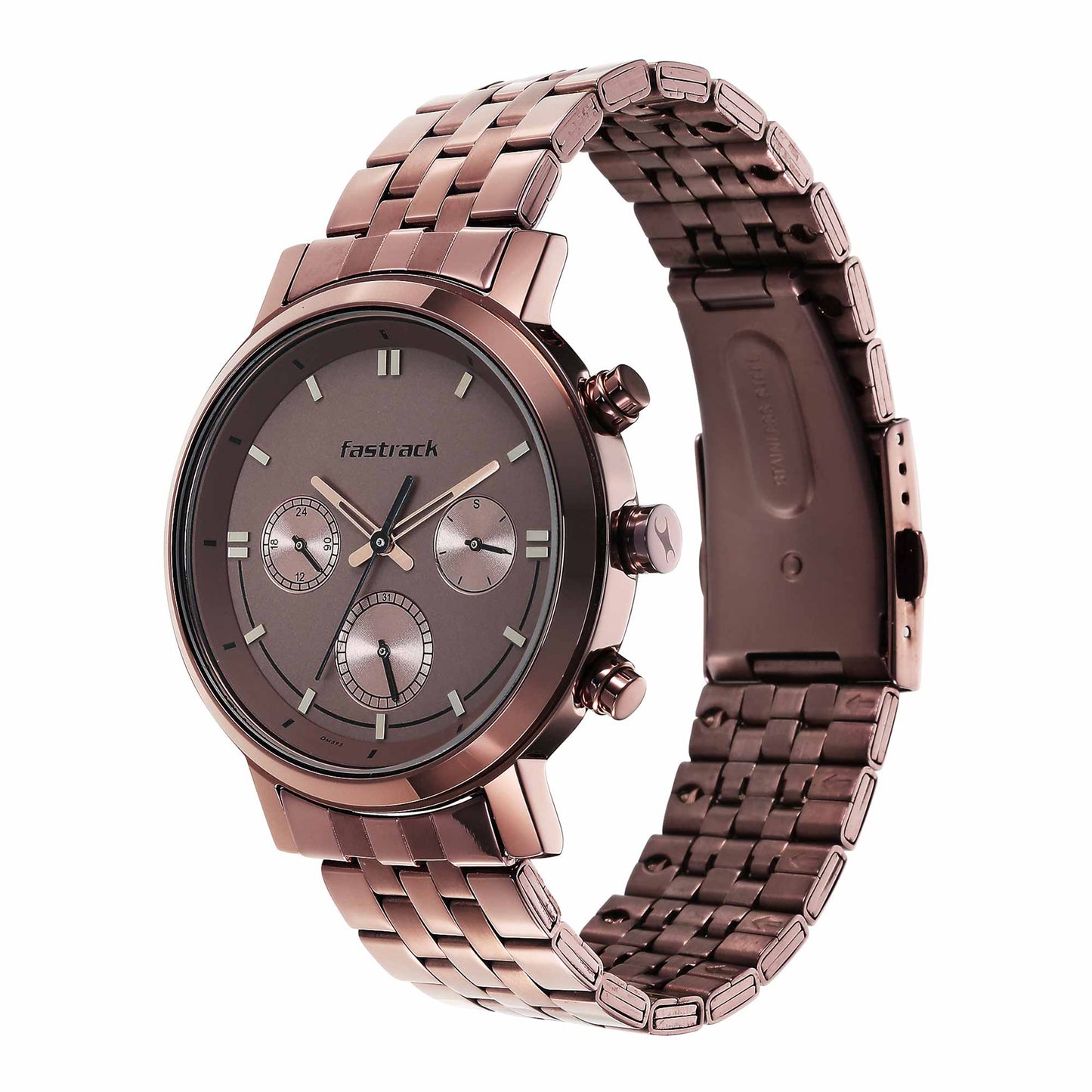 Fastrack Tick Tock Quartz Multifunction Brown Dial Metal Strap Watch for Guys