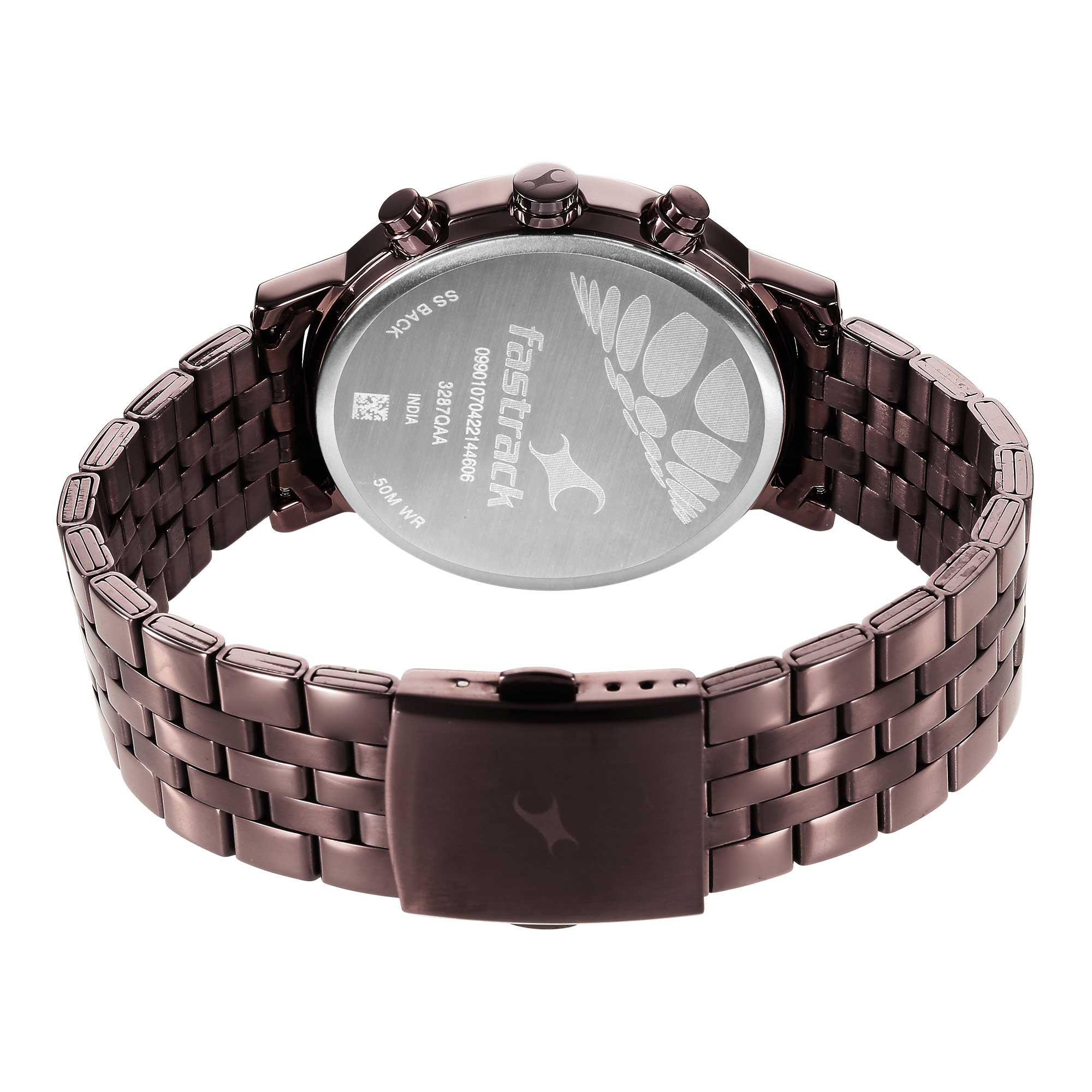 Fastrack Tick Tock Quartz Multifunction Brown Dial Metal Strap Watch for Guys