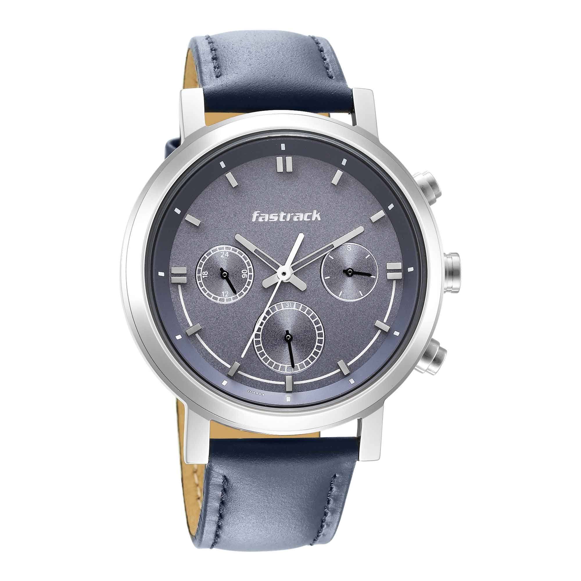 Fastrack Tick Tock Quartz Multifunction Blue Dial Leather Strap Watch for Guys