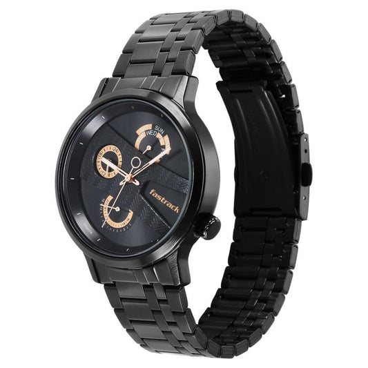 Fastrack Fashion Black Dial Metal Strap Multifunction Watch for Men