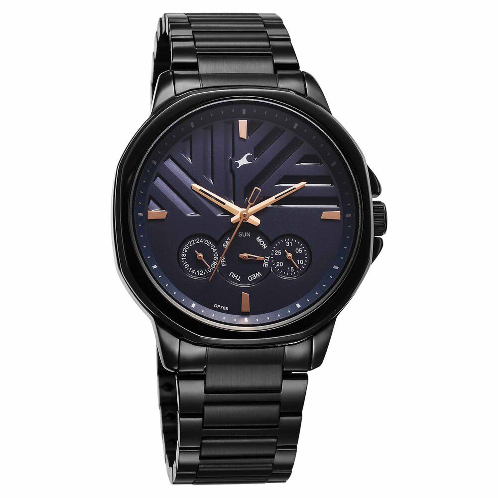 Fastrack Fashion Blue Special Dial Black Metal Strap Multifunction Watch for Men