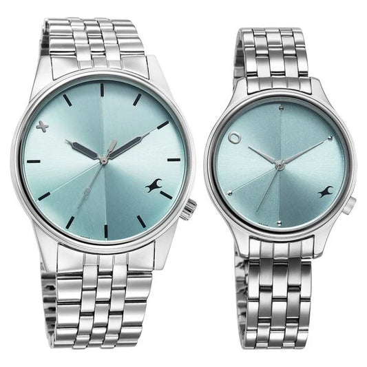 Fastrack Mixmatch Blue Dial Silver Metal Strap Analog Quartz Watch For Couple