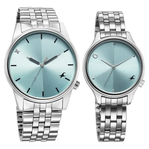 Fastrack Mixmatch Blue Dial Silver Metal Strap Analog Quartz Watch For Couple