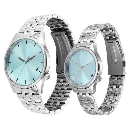 Fastrack Mixmatch Blue Dial Silver Metal Strap Analog Quartz Watch For Couple
