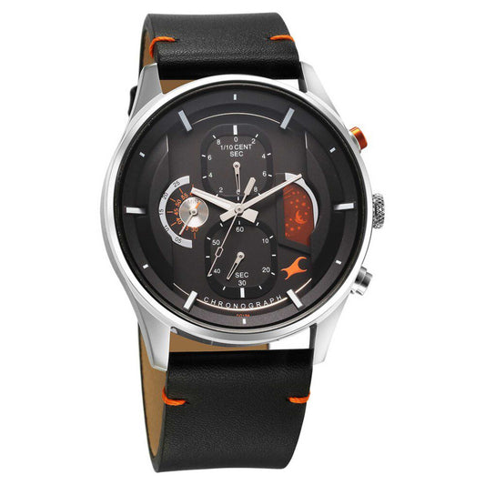 Fastrack Opulence Sun Moon Chronograph Black Dial Black Leather Strap Analog Quartz Watch For Guys