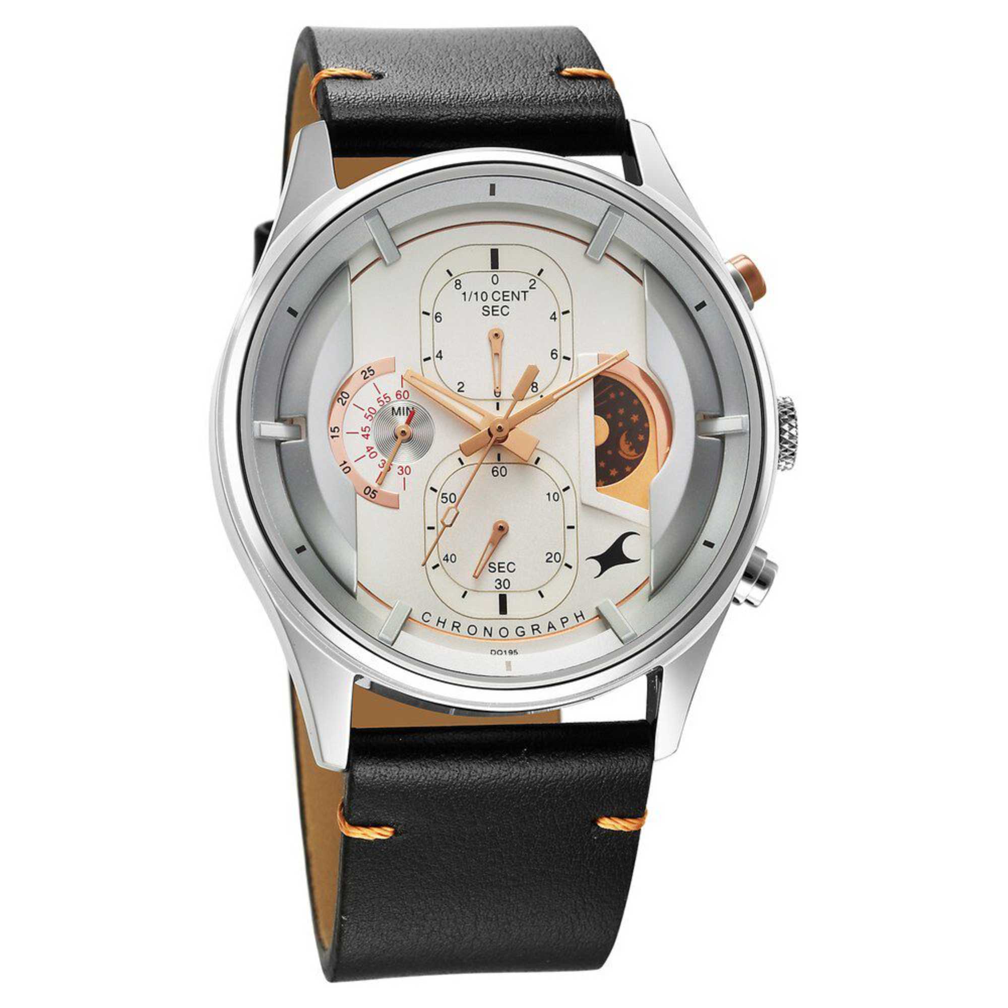 Fastrack Opulence Sun Moon Chronograph Silver Dial Black Leather Strap Analog Quartz Watch For Guys