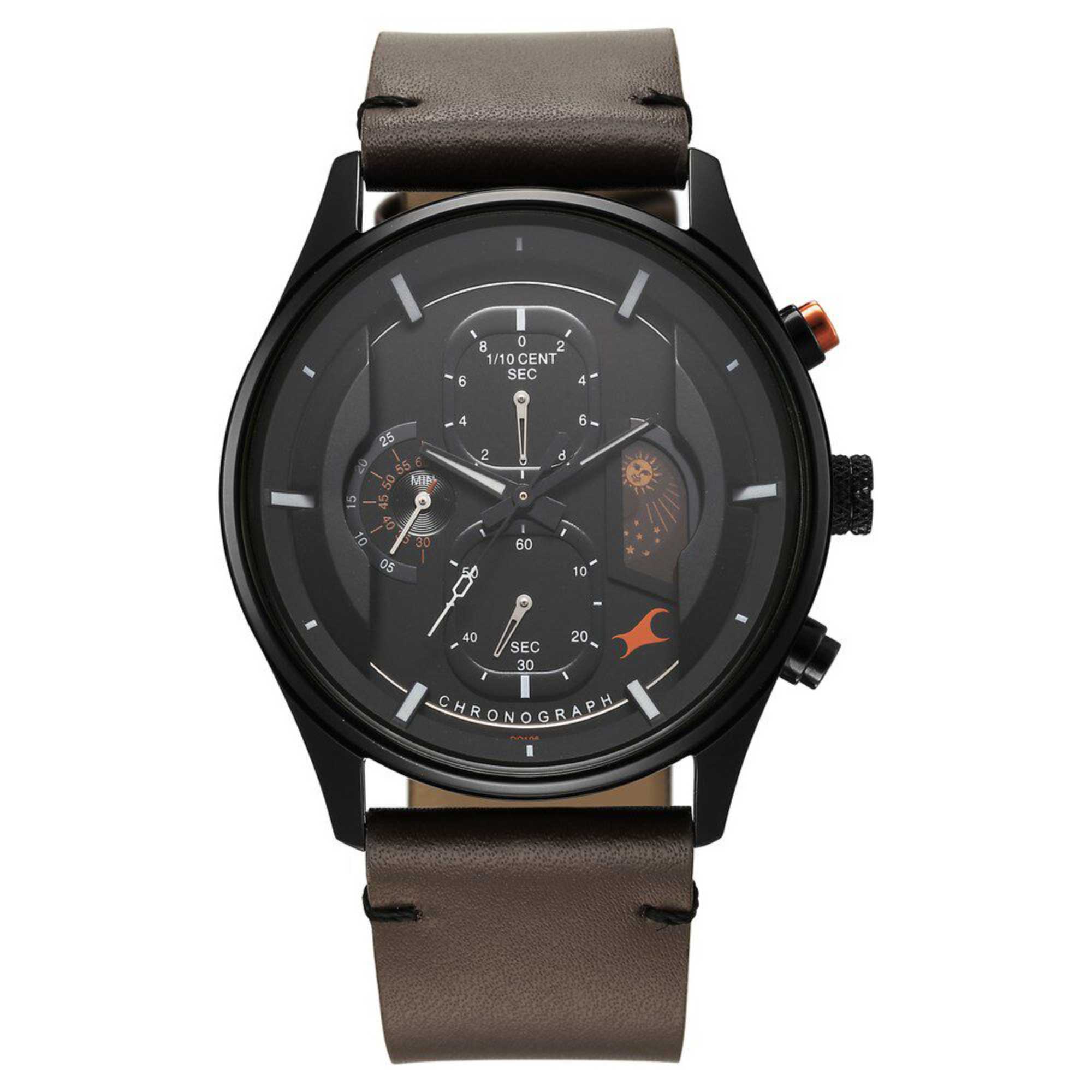 Fastrack Opulence Sun Moon Chronograph Black Dial Brown Leather Strap Analog Quartz Watch For Guys