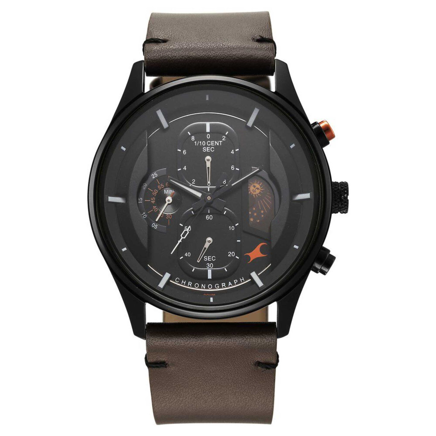 Fastrack Opulence Sun Moon Chronograph Black Dial Brown Leather Strap Analog Quartz Watch For Guys