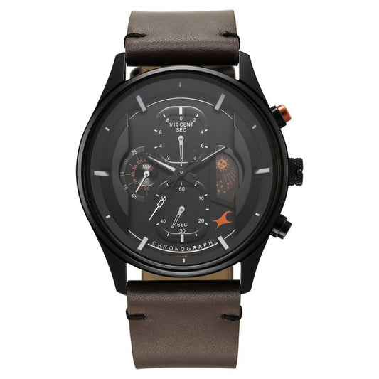Fastrack Opulence Sun Moon Chronograph Black Dial Brown Leather Strap Analog Quartz Watch For Guys