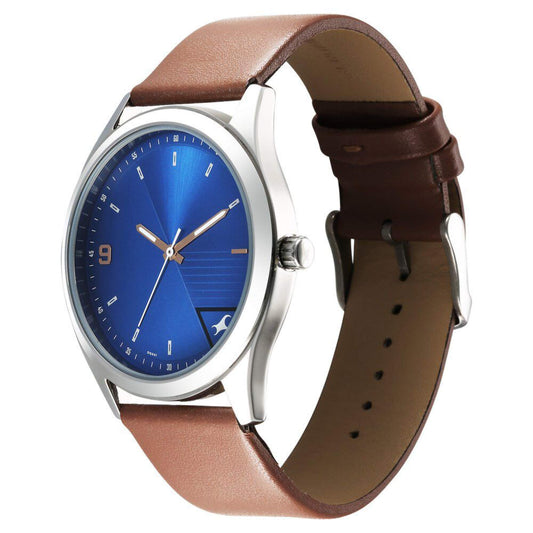 Fastrack Stunners Quartz Analog Blue Dial Brown Leather Strap Watch For Guys