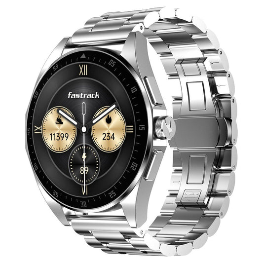 Fastrack Radiant FX1 Luxury Metal Smartwatch with 3.6 cm AMOLED Display, SingleSync BT Calling, Functional Crown - Steel