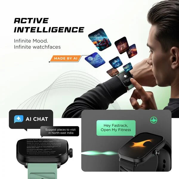 Fastrack MYND - 4.9 cm AMOLED Display, AI Watchface, Offline Voice Commands, AI Chat, BT Calling IP68 Smartwatch