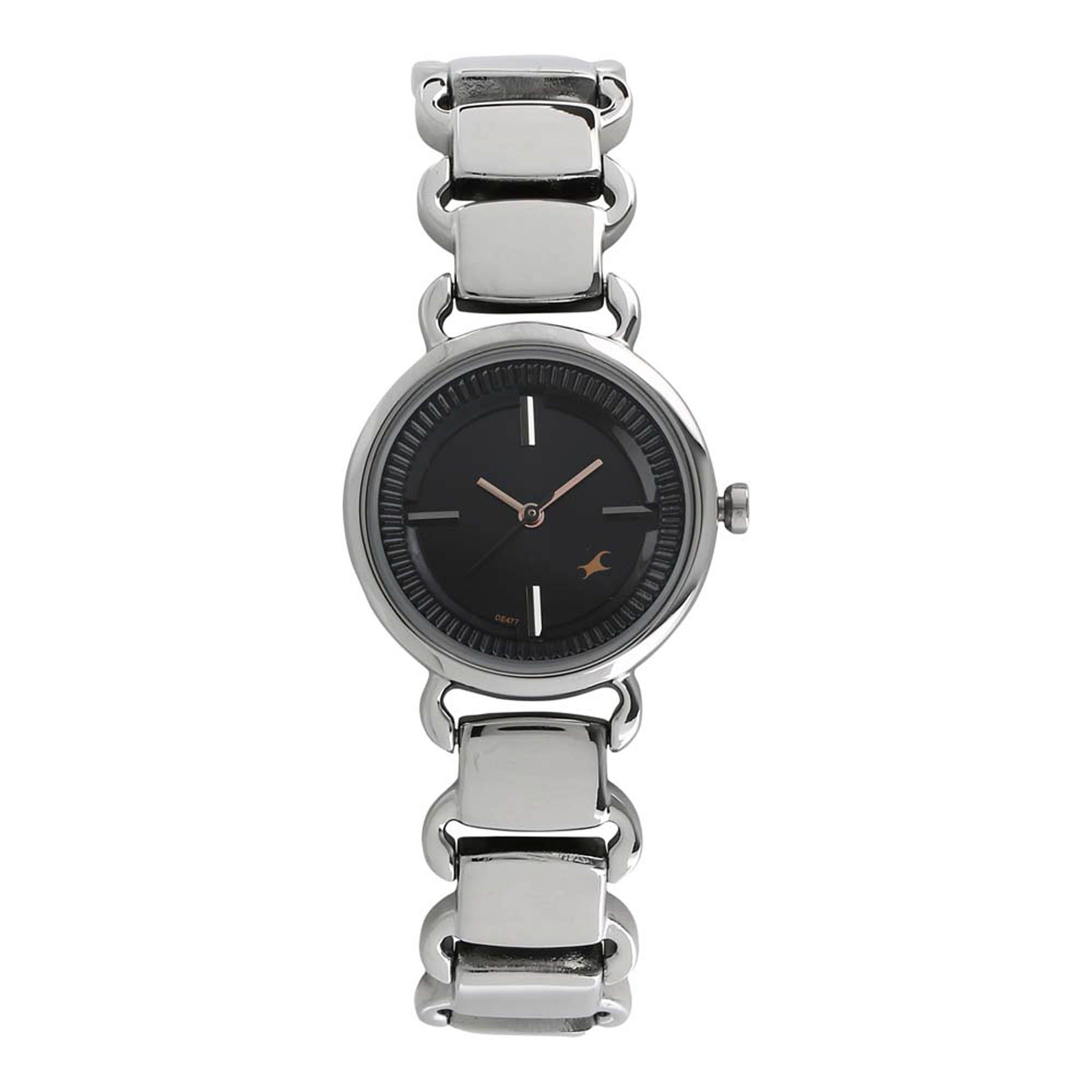 Fastrack Black Dial Silver Metal Strap Analog Watch for Women