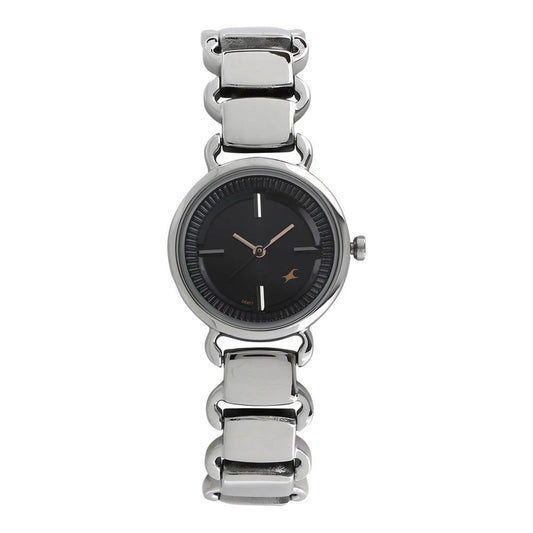 Fastrack Black Dial Silver Metal Strap Analog Watch for Women