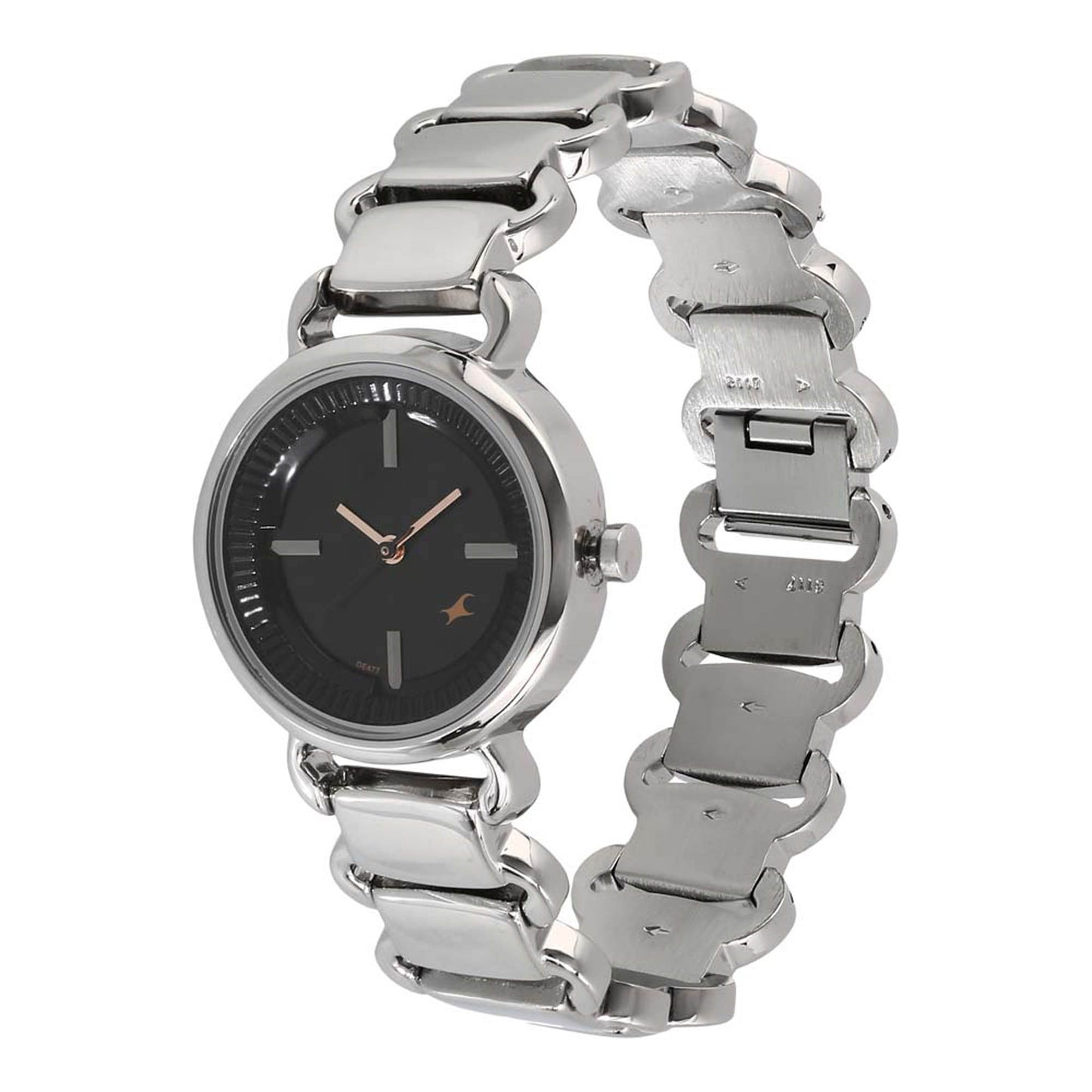 Fastrack Black Dial Silver Metal Strap Analog Watch for Women